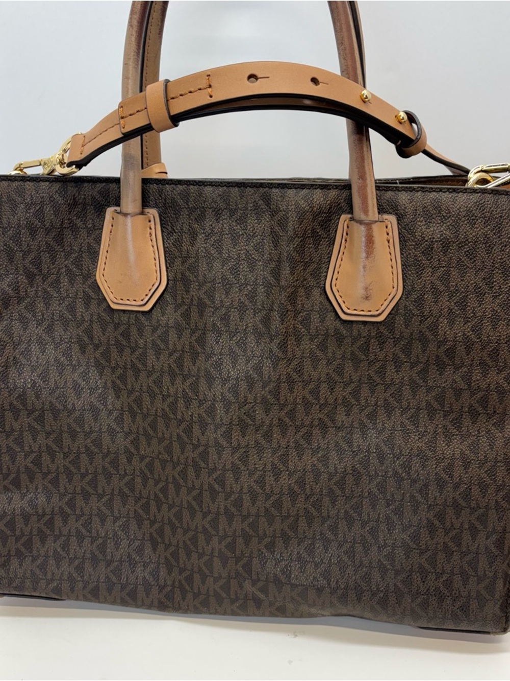Michael Kors Logo Leather Mercer Stud & Grommet LG Tote Bag Purse Brown MK - Picture 4 of 8